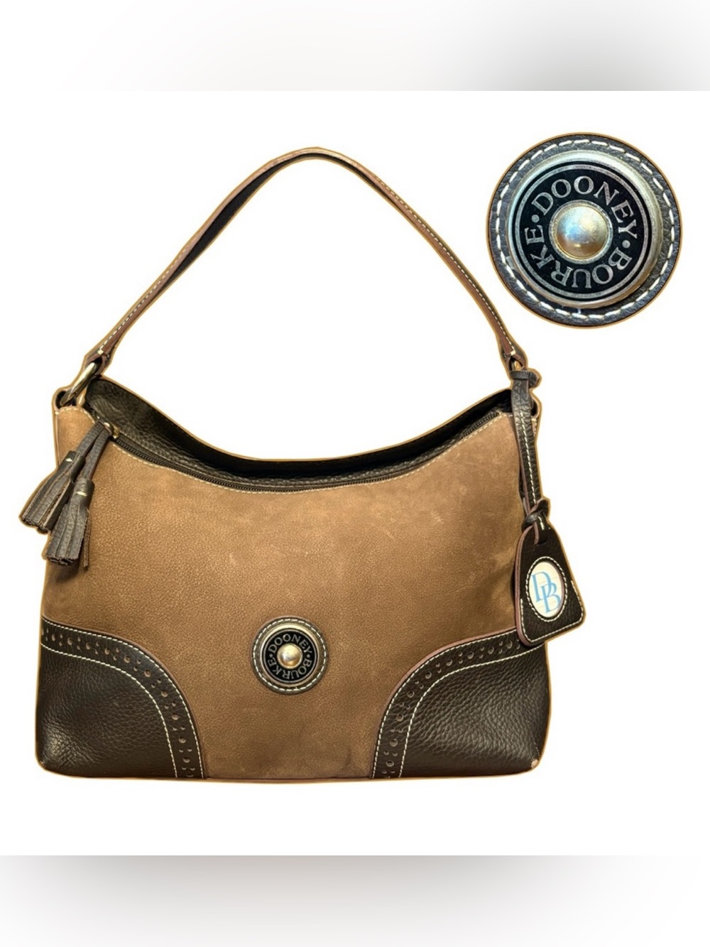 Dooney & Bourke Vintage Tan and Dark Brown Leather Shoulder Bag